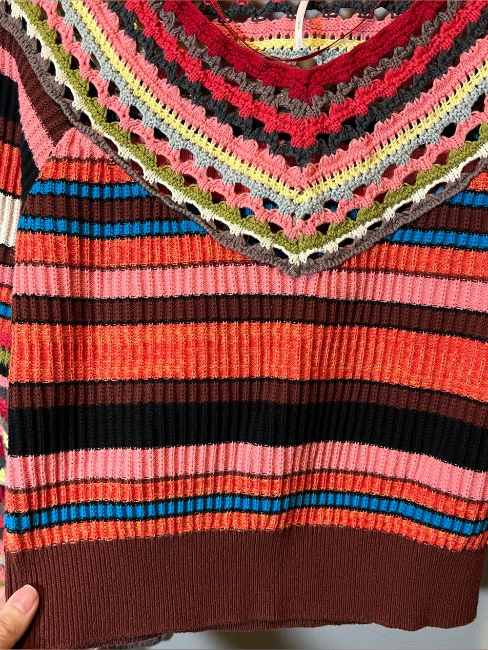 Free People Heart and Soul Multicolor Crochet Striped Sweater Boho Flare Medium - Picture 5 of 11